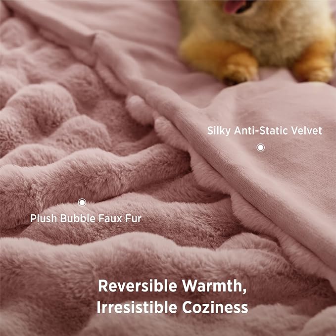 Bedsure GentleSoft Bubble Faux Fur King Size Blanket for Bed, Fluffy Fuzzy King Blanket for Winter, Soft Cozy Faux Fur Bedding Thick Warm Plush Decor for Bedroom, Dusty Rose, 104x90