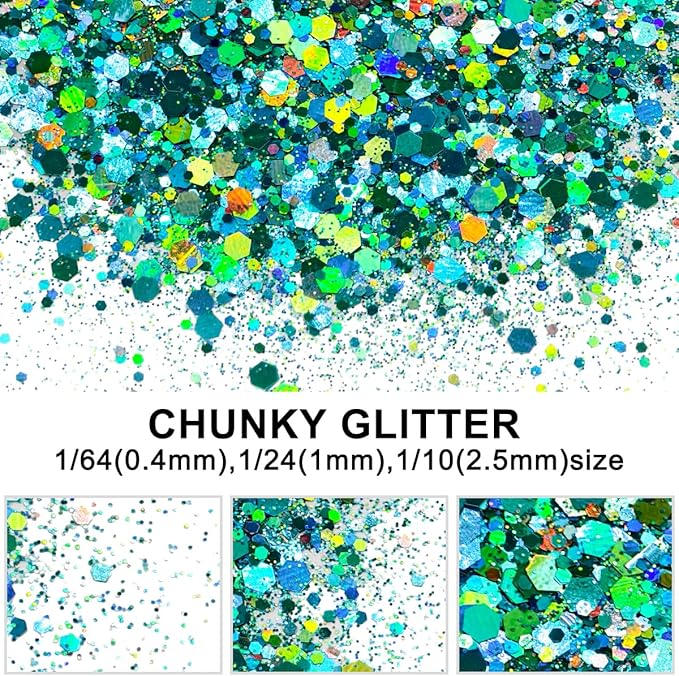 Teal - Green/Blue - Craft Glitter - 2oz Glitter Shaker Bright Colorful Holographic Mix Chunky Body Glitter Bulk Wholesale 24 Colors in Shaker Cosmetic Glitter - EBLB701