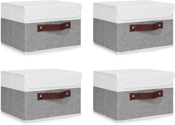 ANMINY Fabric Storage Box Bins with Lids, Gray White, 10"x8"x7", 4 Pack | Keepsake Memory Storage, Cotton Linen, PP Board Reinforced, Washable, PU Handles, Foldable & Stackable, Decorative, Small