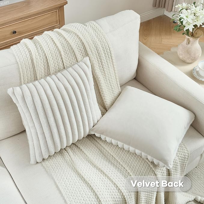 FUTEI Pack of 2 Faux Fur Throw Pillow Covers 28x28 Inch, Cream White | Fluffy Faux Rabbit Fur Front/Premium Velvet Back,Hidden Zipper,Machine Washable,Non-Shedding,Colorfast,Insert Not Included.