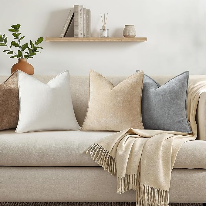 decorUhome Chenille Cream White Velvet Throw Pillow Covers 24x24 Set of 2 | Fall Soft Euro Sham Couch Decorative Modern Farmhouse Pillow Cases with Elegant Design for Sofa Bed Living Room Home Decor