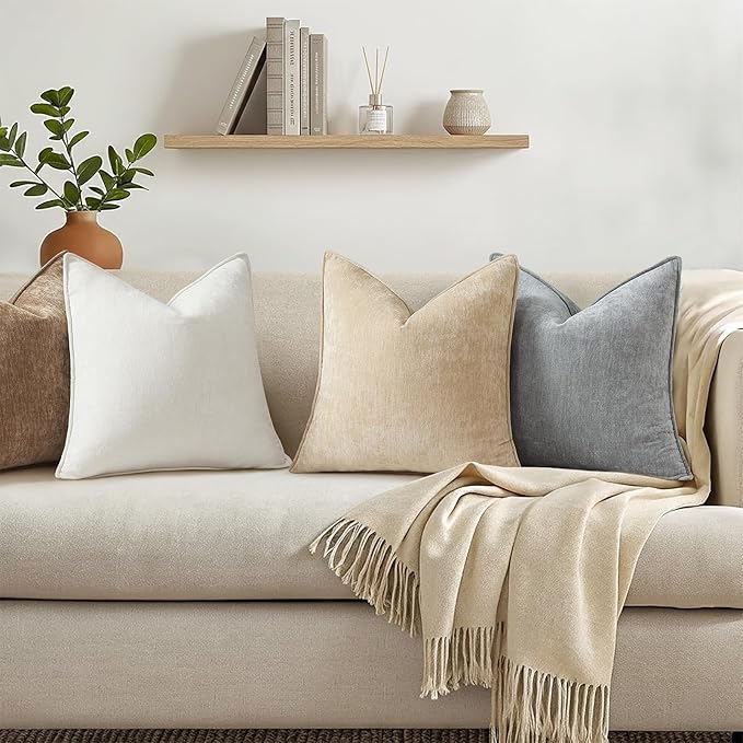 decorUhome Chenille Beige Velvet Throw Pillow Covers 24x24 Set of 2 | Fall Soft Euro Sham Couch Decorative Modern Farmhouse Pillow Cases with Elegant Design for Sofa Bed Living Room Home Decor