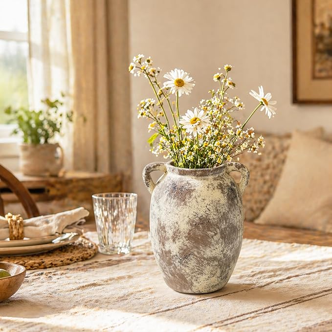 DREAMLOOM 7.6 Inch Ceramic Flower Vase, Terracotta | Double Handles, Farmhouse Vintage, Pottery, Home Decor, Living Room Dining Table Wedding Centerpieces