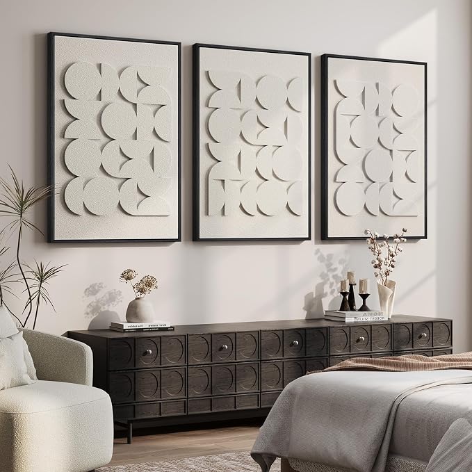 Large 3D Textured Framed Abstract Wall Art for Living Room, Set of 3 Modern White Paintings Artwork for Walls, Minimalist All White Geometric Pictures for Bedroom Hallway Office Wall Decor 24x36 In
