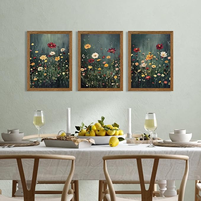 Urmoya 3 Pieces Moody Wildflower Dark Academia Floral Wall Art, 12x16 in | Vintage nature floral landscape wall decor, Wood framed, Ready to hang, Canvas art prints, over sofa, Bedroom, Office