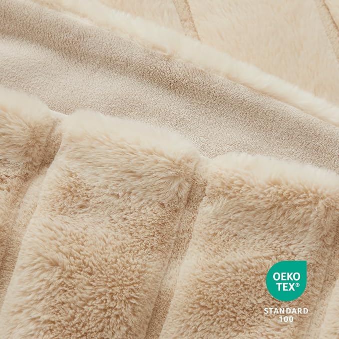 Cozy Bliss Deluxe Sheared Rabbit Faux Fur Throw Blanket, Soft Fuzzy High-Low Sculpted Plush Blanket for Couch, Cozy Home Accent, All Season Use, Khaki 60"x80"