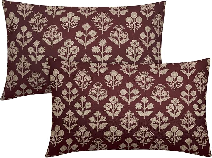 Burgundy Pillow Covers 12x20 Inch Set of 2, Cream Floral Block Print Pattern Lumbar Decorative Throw Pillowcases Outdoor Farmhouse Rectangle Cushion Covers Spring Summer Sofa Couch Bed Decor