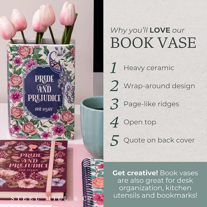 Steel Mill & Co. Ceramic Book-Shaped Vase, Pride and Prejudice | Original Large Decorative Vases for Home Decor, Cute Classic Bookshelf Decor, Unique Vase for Book Lovers