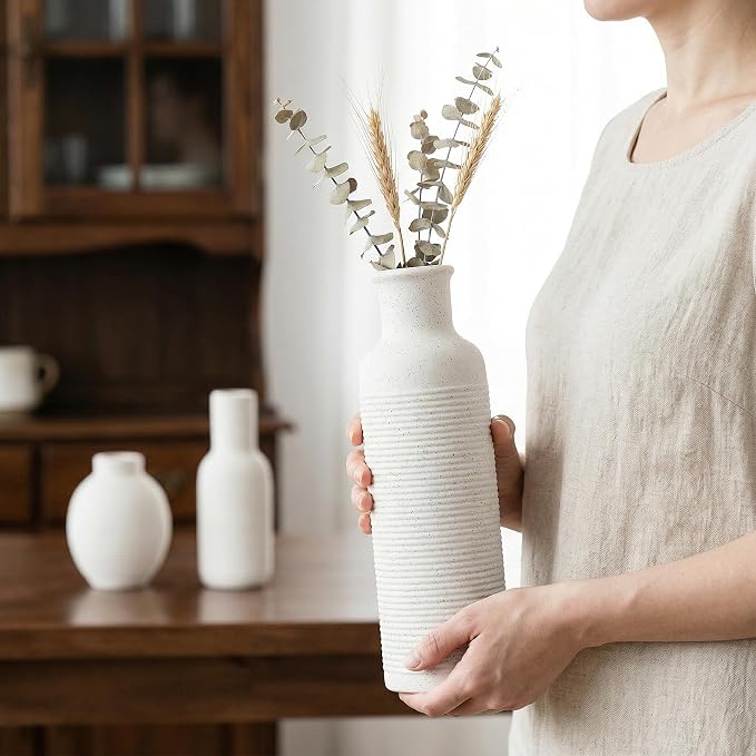 Rustic Farmhouse Vase Set of 3 - Ceramic Decorative Modern Flowers Vases Home Decor - Pampas Grass Dried Fresh Flowers - for Centerpiece, Table, Mantel Entryway, Kitchen (White 1)