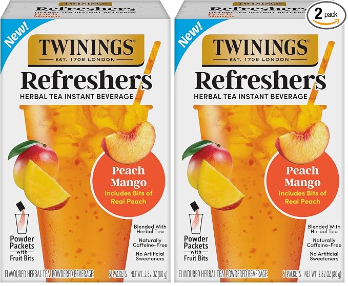 NEW Twinings Peach Mango Refreshers, Herbal Tea Instant Beverage with Real Peach Fruit Bits, 5 Count (Pack of 2), Café Style, No Artificial Sweeteners, Naturally Caffeine-Free Refreshment, 5 Packets