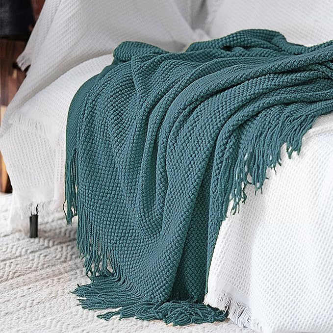 LOMAO Knitted Throw Blanket with Tassels Bubble Textured Lightweight Throws for Couch Cover Home Decor (Teal, 60x90)