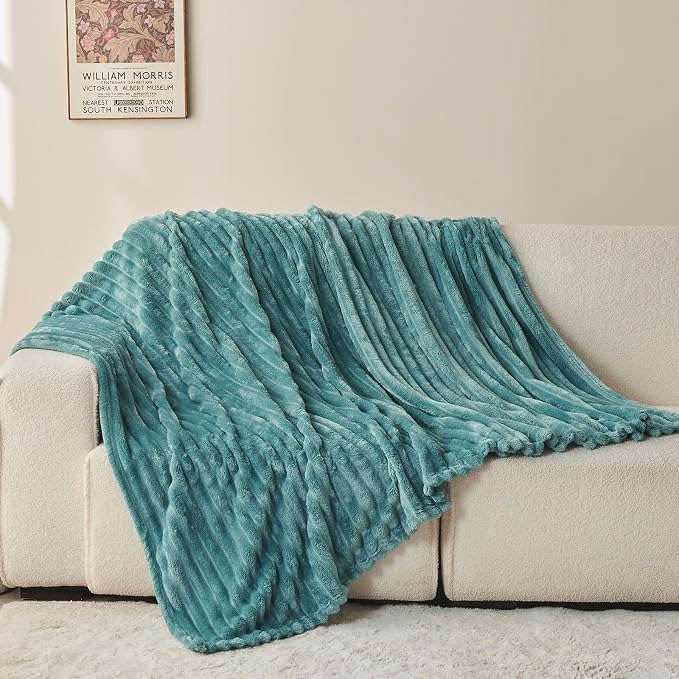 NEWCOSPLAY Fleece Ribbed Cozy Twin Blanket for Couch, Light Teal, 60"x80" | Premium Silky Flannel Blanket, Soft Lightweight Fluffy Throw Blanket for Bed Sofa Decor, Gift for All Season Use