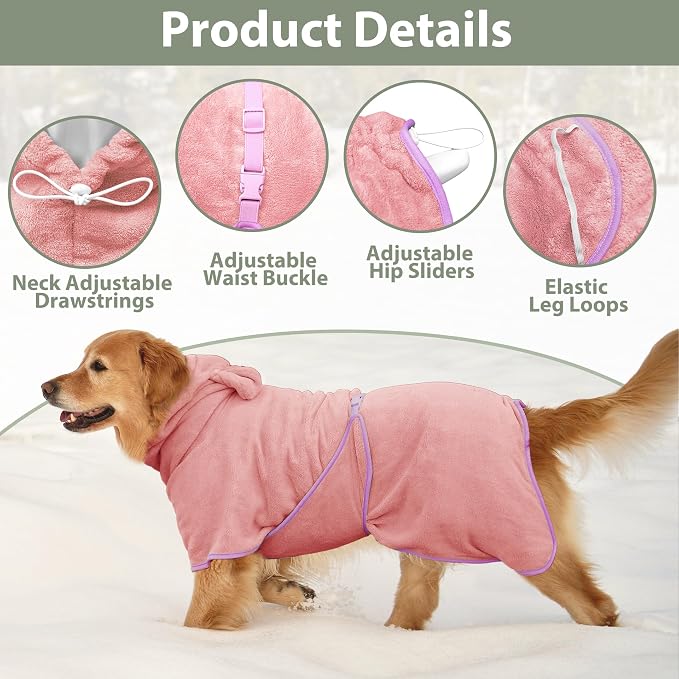 Dog Bathrobe Super Absorbent Towel Robe - Microfiber Bath Towels Fast Drying Coat for Dogs, Cute Dogs Clothes Adjustable Collar & Belly Strap Warm Keeping Hooded Dog Towel (Pink, Large)