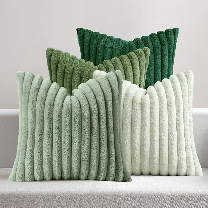 MIULEE Faux Fur Plush Decorative Throw Pillow Covers 20x20, Green | Set of 4, Striped, Soft Modern Cozy Home Decor, Cushion Cases for Sofa Couch Bed Living Room
