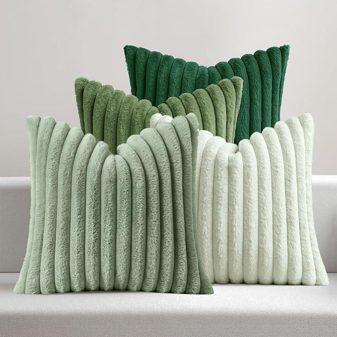 MIULEE Faux Fur Plush Decorative Throw Pillow Covers 18x18, Green | Set of 4, Striped, Soft Modern Cozy Home Decor, Cushion Cases for Sofa Couch Bed Living Room