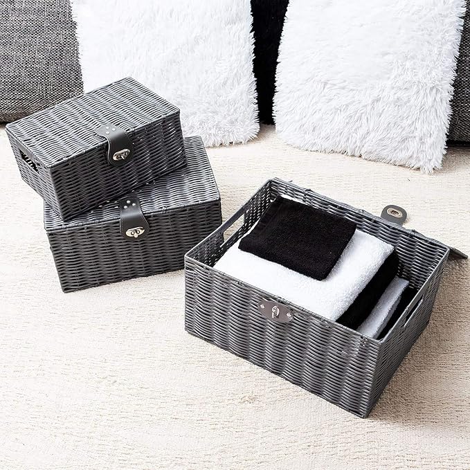 Set of 3 Woven Wicker Storage Basket Box with Lids & Lock, Built-in Carry Handles, Multifunctional Storage Organizer for Nursery, Baby, Clothes, Toys, Books, Large/Medium/Small Size (Grey)