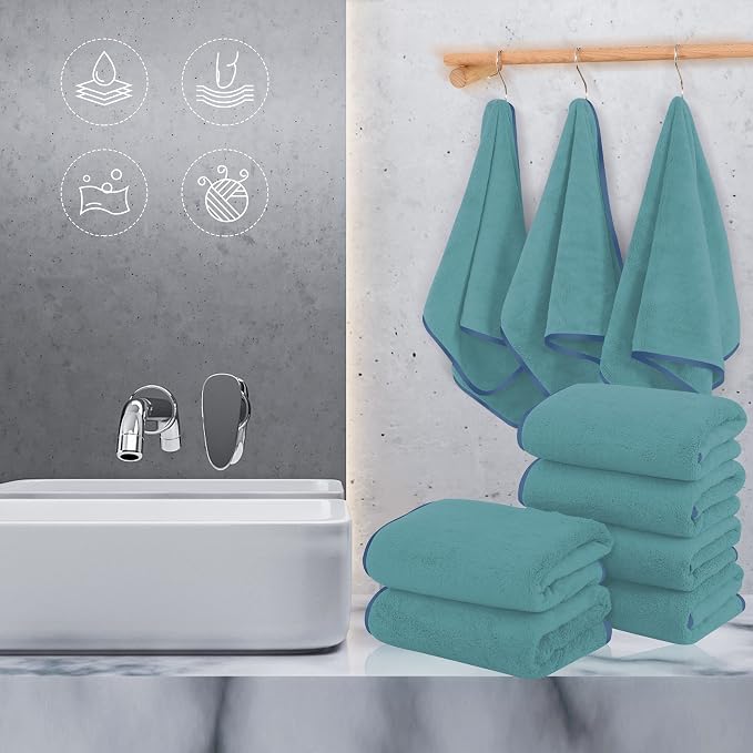 TENSTARS Silk Hemming Hand Towels for Bathroom - Quick Drying - Ultra Soft Microfiber Absorbent Towel for Bath Fitness, Gym, Shower, Hotel, and Spa - 16x28 Inch | Set of 6, Teal