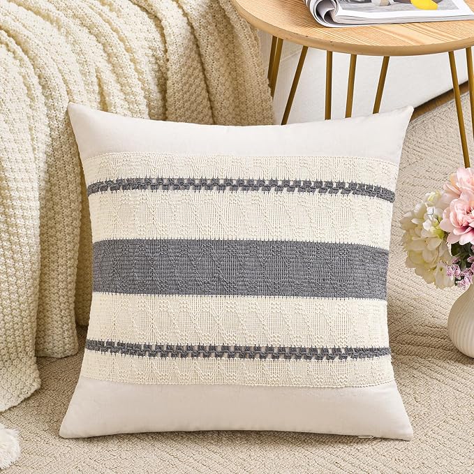 Fancy Homi Set of 1 Neutral Grey Farmhouse Small Decorative Throw Pillow Covers 14x14 Inch for Couch Bed Chair, Vintage Country Rustic Retro Room Decor, Soft Thick Cotton Handmade Woven Cushion Case