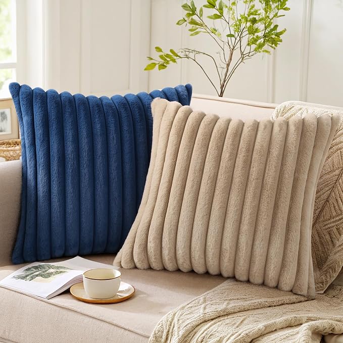 Pallene Faux Fur Decorative Throw Pillow Covers 26x26 Set of 2, Navy Blue | Luxury Plush Texture, Striped Design, Cozy Soft Touch, Modern Home Accent Decor for Couch, Sofa, Bed, Living Room