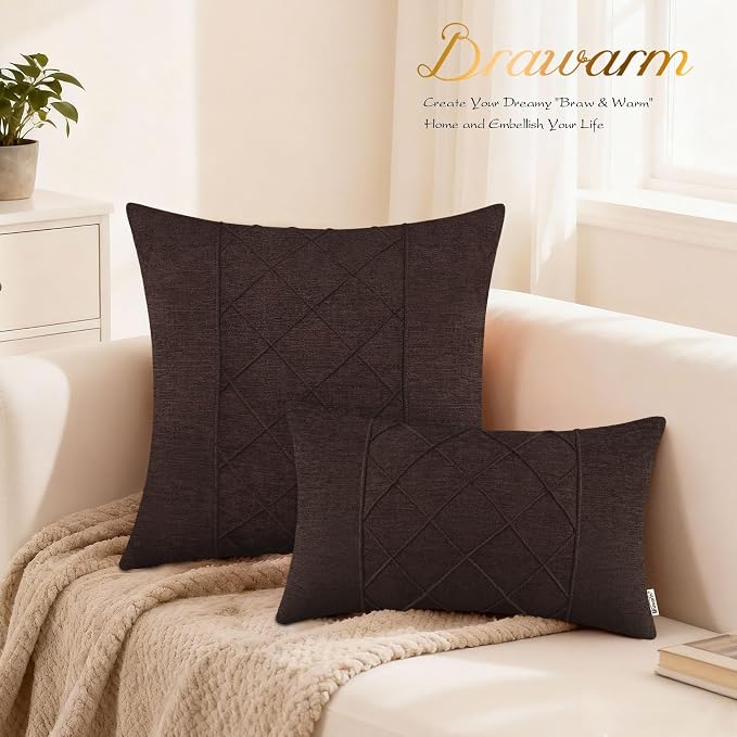 BRAWARM Chenille Throw Pillow Covers 18x18 Inches, Coffee, 2 Pack | Decorative Pleated Pillow Covers, Soft Cushion Cases for Sofa Bed Living Room Home Farmhouse (No Insert)