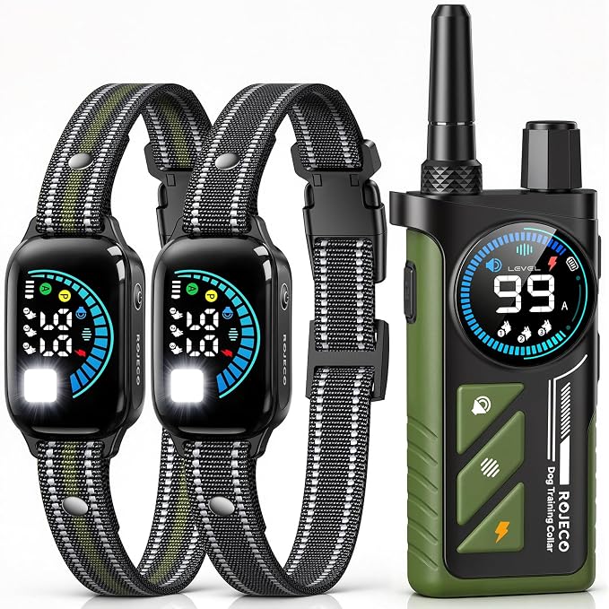 ROJECO 2-in-1 Dog Shock Collar & Bark Collar,Smart Anti-Barking for 2 Dogs | 3300FT Remote/IPX7 Waterproof/Beep,Vibration,Shock Modes/LED Light/TypeC Rechargeable/for Small Medium Large Dogs/Green,Black