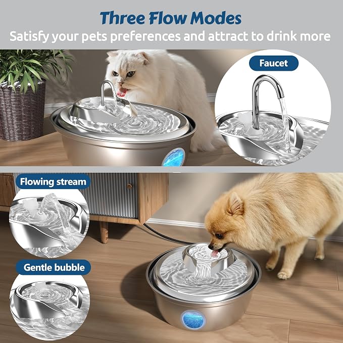 ORSDA Cat Water Fountain Stainless Steel, Cat Fountains for Drinking, 67oz/2L Automatic Pet Fountain Water Dispenser with Water Level Window for Cats and Small Dogs - 3 Filters +1 Pump Sponges