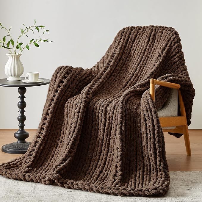 Negwoo Chunky Knit Throw Blanket, Knitted Throw Chenille Yarn, 30"*40" | Soft Thick Cable Knitted Blankets, Handmade Big Thick Blanket, Machine Washable Cute Comfy Blanket for Home Decor, Dark brown