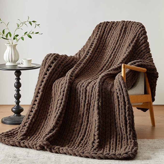 Negwoo Chunky Knit Throw Blanket, Knitted Throw Chenille Yarn, 50"*60" | Soft Thick Cable Knitted Blankets, Handmade Big Thick Blanket, Machine Washable Cute Comfy Blanket for Home Decor, Dark brown