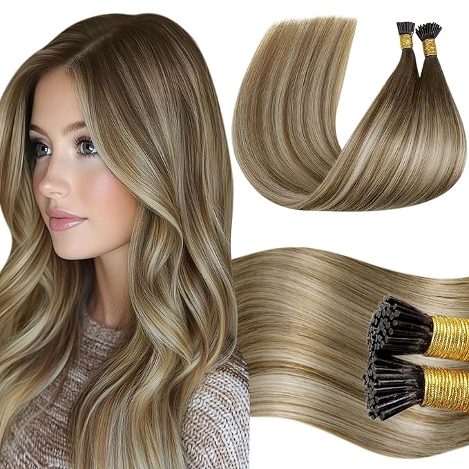 LaaVoo Itip Human Hair Extensions I Tips Hair Extensions Human Hair Balayage Dark Brown Ombre Light Brown to Ash Brown 50g 16in 60s