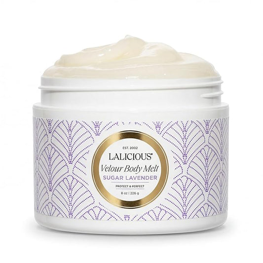 LaLicious Sugar Lavender Velour Body Melt - Multitasking Balm-to-Oil Skin Moisturizer with Macadamia Oil & Coconut Oil - Shave Gel, Hair/Scalp/Hand/Foot Mask - Help Prevent Stretch Marks (8oz)