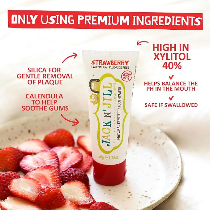Jack N' Jill Natural Toothpaste for Kids - Fluoride Free Toothpaste, 40% Xylitol, BPA Free - Strawberry & Milkshake, 1.76 oz (2 Pack)