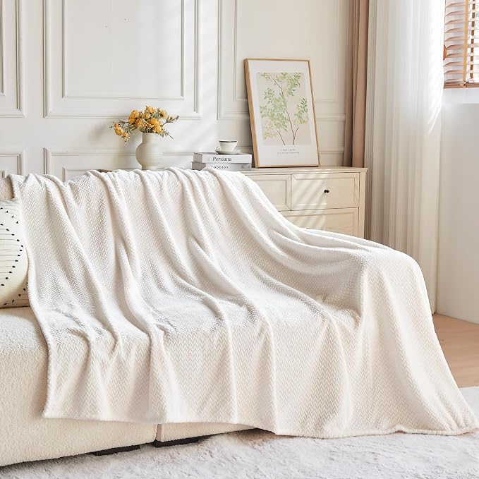 NEWCOSPLAY Fleece Leaves Pattern Throw Blanket, Ivory, 50"x60" | Super Soft Throw Blanket, Lightweight Cozy Bed Sofa Blanket, Premium Silky Flannel Fleece, Travel Blanket for All Season Use