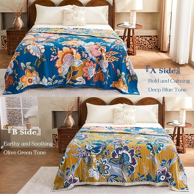 XIBLC Boho Throw Blanket, Blue Lightweight Blankets for Summer, 100% Cotton Bohemian Decorative Throw Blanket, 80"x90" Reversible Muslin Breathable Woven Farmhouse Blankets Quilt,