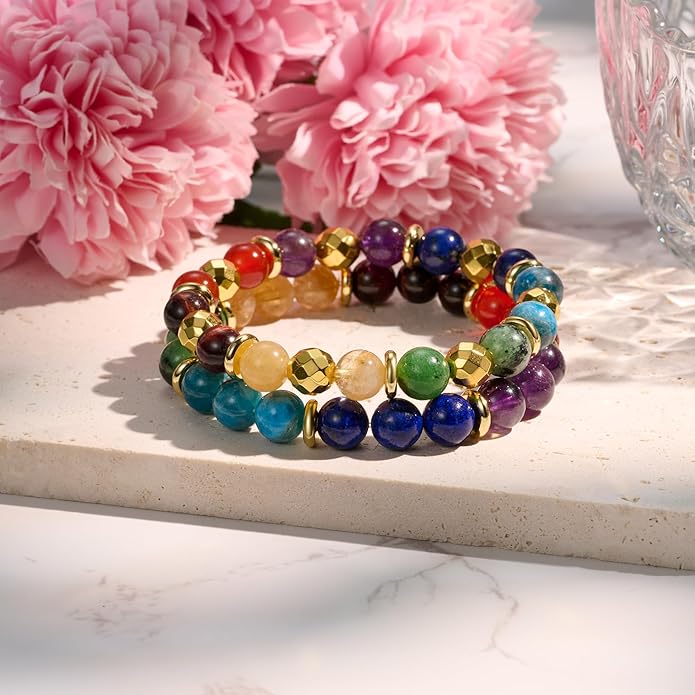 Bivei Natural Gemstone Semi Precious Healing Crystals Handmade Stretchy Round Beads Bracelet,Stocking Stuffers for Women Enhance Positive Energy