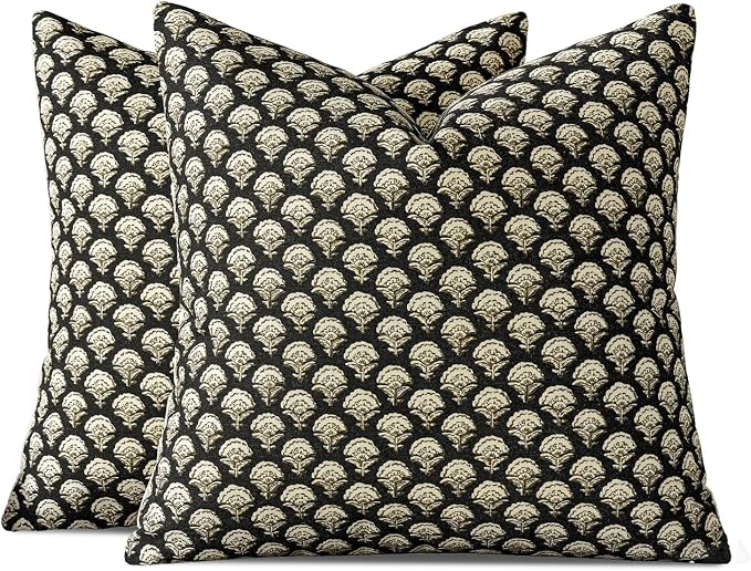 MIULEE Floral Print Decorative Pillow Covers 18x18, Black Gold | Vintage Boho Farmhouse Modern Home Decor, Set of 2, Block Print Cushion Covers for Couch Sofa Bed Living Room