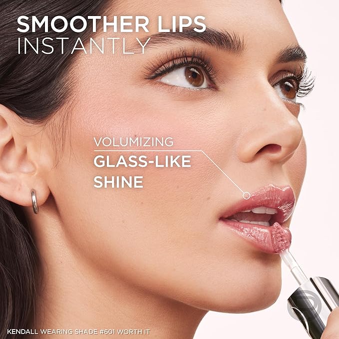 L'Oreal Paris Plump Ambition Hyaluron Lip Oil, 24 HR Lip Gloss with Hyaluronic Acid, Volumizing Formula with Glass-Like Shine, Rouge In Love 380, 0.16 Fl Oz