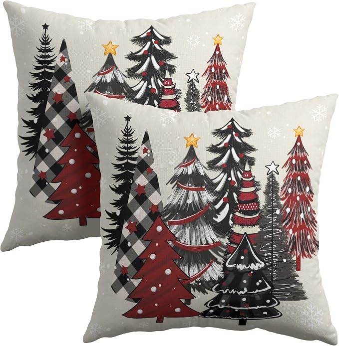 Kawani Christmas Tree Throw Pillow Covers 16x16 Inches - 2 PCS Black Red Buffalo Plaid Xmas Trees Cotton Linen Square Pillowcase Cushion Covers for Couch Sofa Bed Bedroom Car Living Room