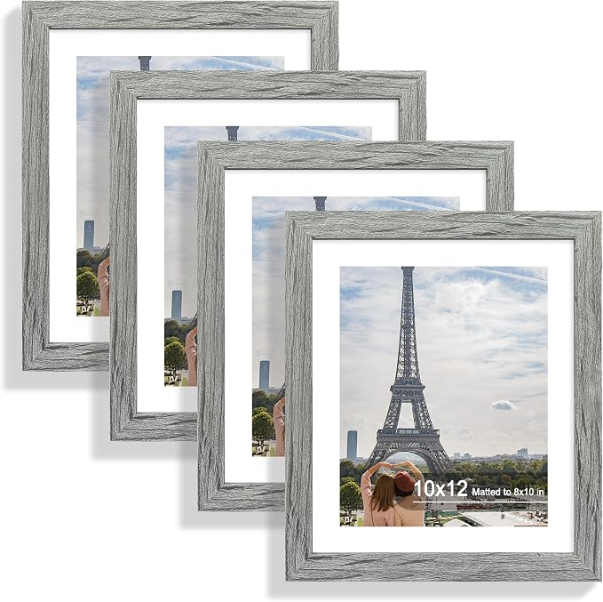 Hongkee 10x12 Picture Frame Set of 4, Made of Real Glass and Grey Frame - Display Picture 8x10 with Mat or 10x12 Without Mat, 10 by 12 Photo for Wall Mounting