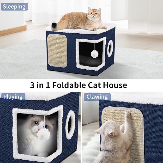 Shikha Cat House Bed for Indoor Cats with Fluffy Ball and Scratch Pad Blue | Foldable Large Cat Cave Hideaway with Cozy Condo, Hide and Seek Window, Holds Up to 30LBS, All Season Reversible Cushion