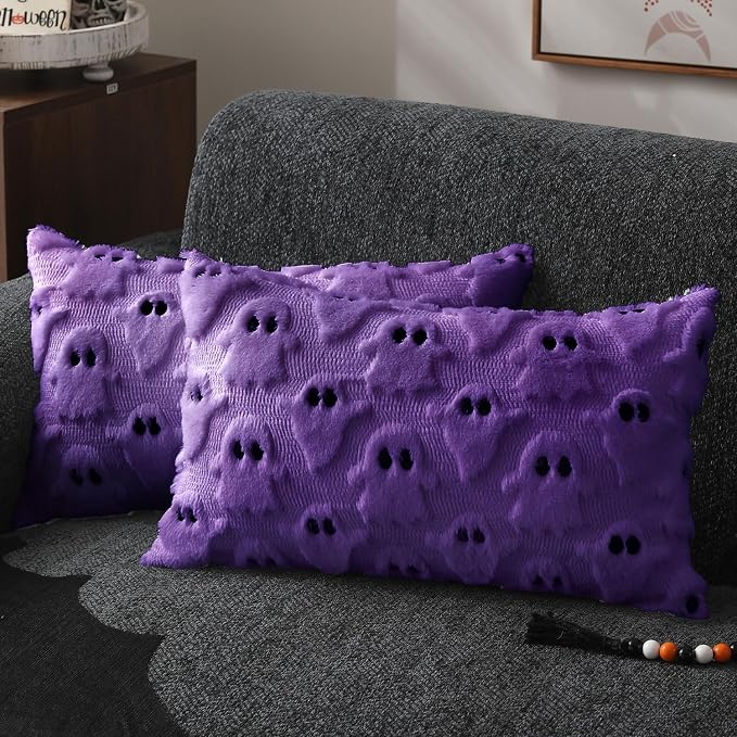 DFXSZ Halloween Pillow Covers 12x20 inch 2Pcs Purple Ghost Halloween Decor | Halloween Decorations Set of 2 Throw Pillow Cases Plush Faux Fur Wool Cushion for Chair Sofa Bedroom Living Room Home Decor
