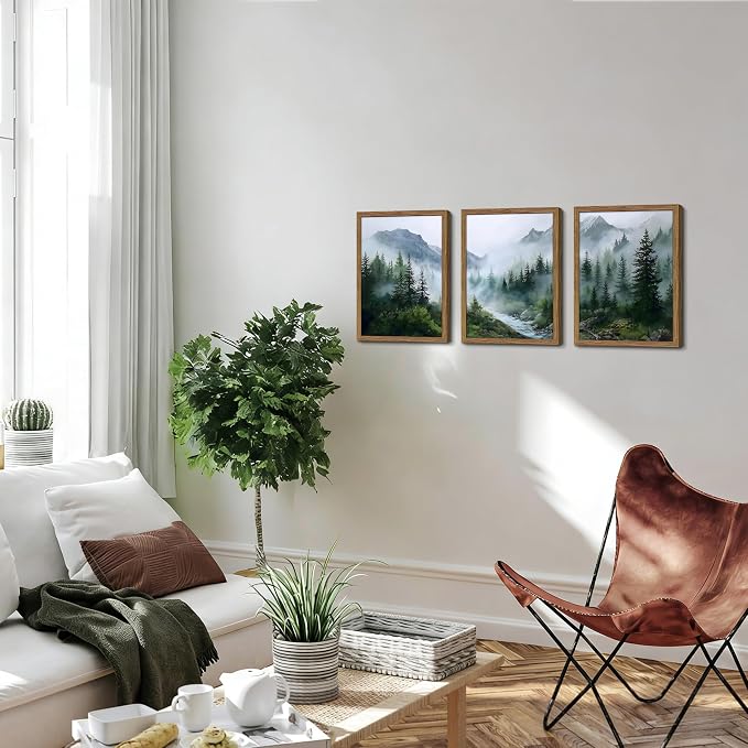 Framed Forest Wall Art Set of 3, Misty Mountain Landscape Canvas Wall Decor Paintings, Nature Tree River Scenery Artwork Prints Pictures for Living Room Bedroom Office 16x24 Inch