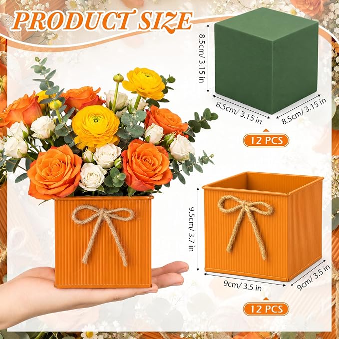 12 Pack Galvanized Square Vases with Floral Foam, 3.5 inch Waterproof Rustic Tin Buckets with Twine Bows, Mini Farmhouse Metal Planter Centerpieces for Wedding Party Table Decor(Orange)