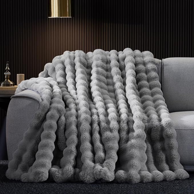 Anysay Faux Fur Throw Blanket, 1000GSM Fluffy Soft Bubble Blanket 50''*60'' | Cozy Plush Warm and Thick Blanket for Couch Bed, Fuzzy Rabbit Throw for Living Room Bedroom Light Grey