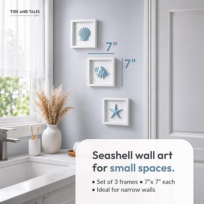 Tide and Tales 3D Coastal Wall Art, Beach Wall Decor, Framed Set of 4, Blue | 7" x 7", Textured 3d Seashells, Wall Decoration for Bathroom, Bedroom or Beach House, Lightweight, Hand Painted, Gift Boxed