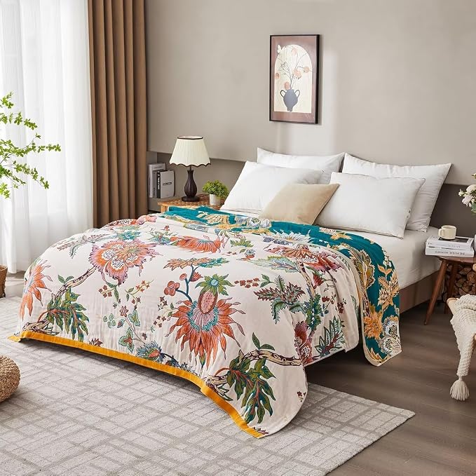 Boho Throw Blanket for Bed 100% Cotton Bohemian Blankets Ultra Soft Woven Muslin Decorative Blankets All Seasons Vintage Quilt Knitted Blanket for Sofa Chair(Beige, 80"x90")