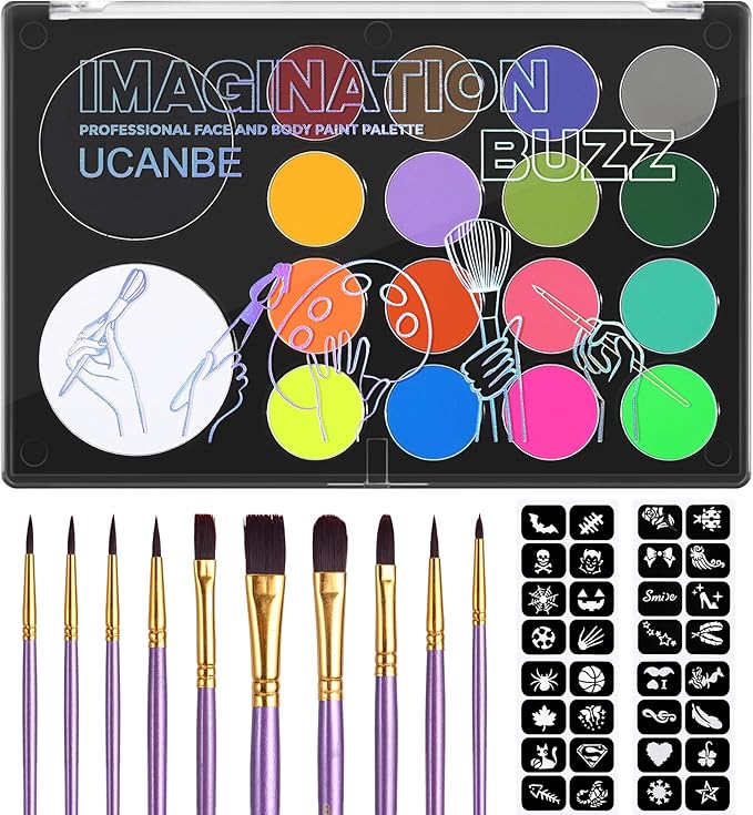 UCANBE Face Painting Kit for Kids & Adult-18 Colors Non-Toxic Water Based Face Body Paint Palette with Paint Brushes&Stencils, Professional Facepaint Set for Halloween SFX Makeup, Cosplay & Costume