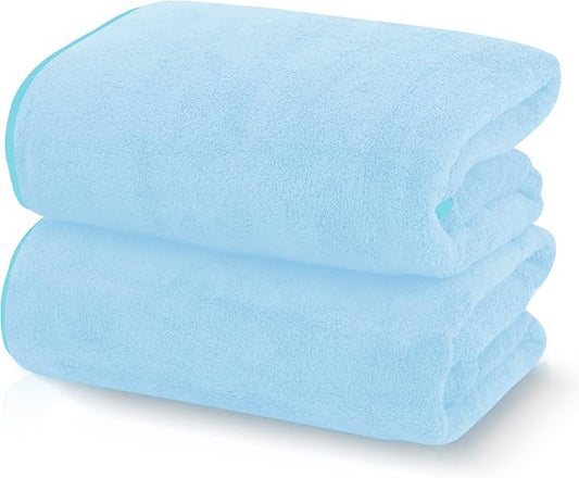 TENSTARS Silk Hemming Bath Towels for Bathroom Clearance - 27 x 55 inches - Light Thin Quick Drying - Soft Microfiber Absorbent Towel for Bath Fitness, Sports, Yoga, Travel, Gym - 2 Pack, Aquamarine