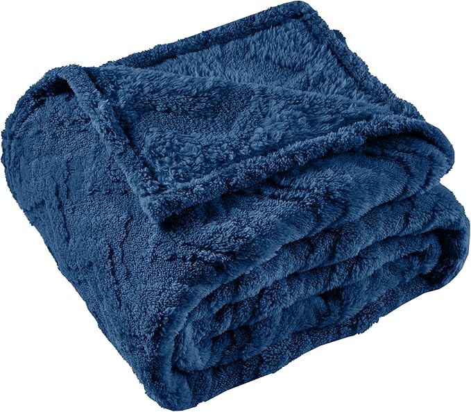 3 Layer Jacquard Throw Blanket - 50x70 Inch Soft Fleece with Wave Pattern, Navy Plush Cozy Blanket for Sofa, Couch, Bed & Chair, All Season Decorative Blanket for Living Room & Bedroom