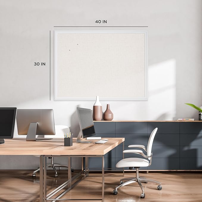 U Brands Farmhouse Linen Bulletin Board, 40" x 30", White Wood Style Frame, Industrial Grade Pinning Surface