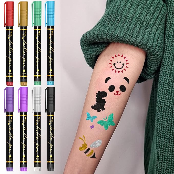 Temporary Tattoo Markers for Skin, 8 Metal Body Markers + 169 Shark Dolphin Mermaid Cartoon Animal Tattoo Stencils for Kids Adults, Cosmetic-Grade Tattoo Ink, DIY Body Art Party Favors for Women Men